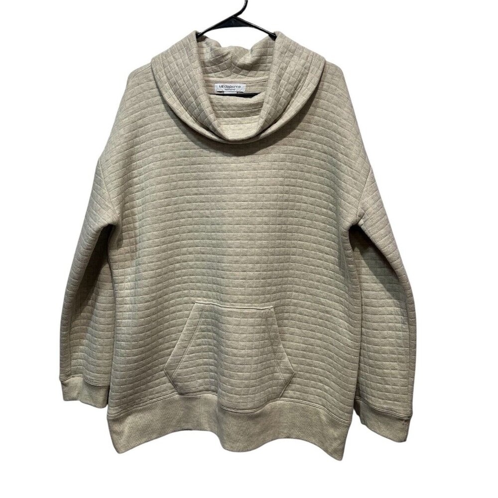 Liz Claiborne Women Sweatshirt kangaroo pocket Cowl Neck Large Beige Long Slv - Picture 1 of 7